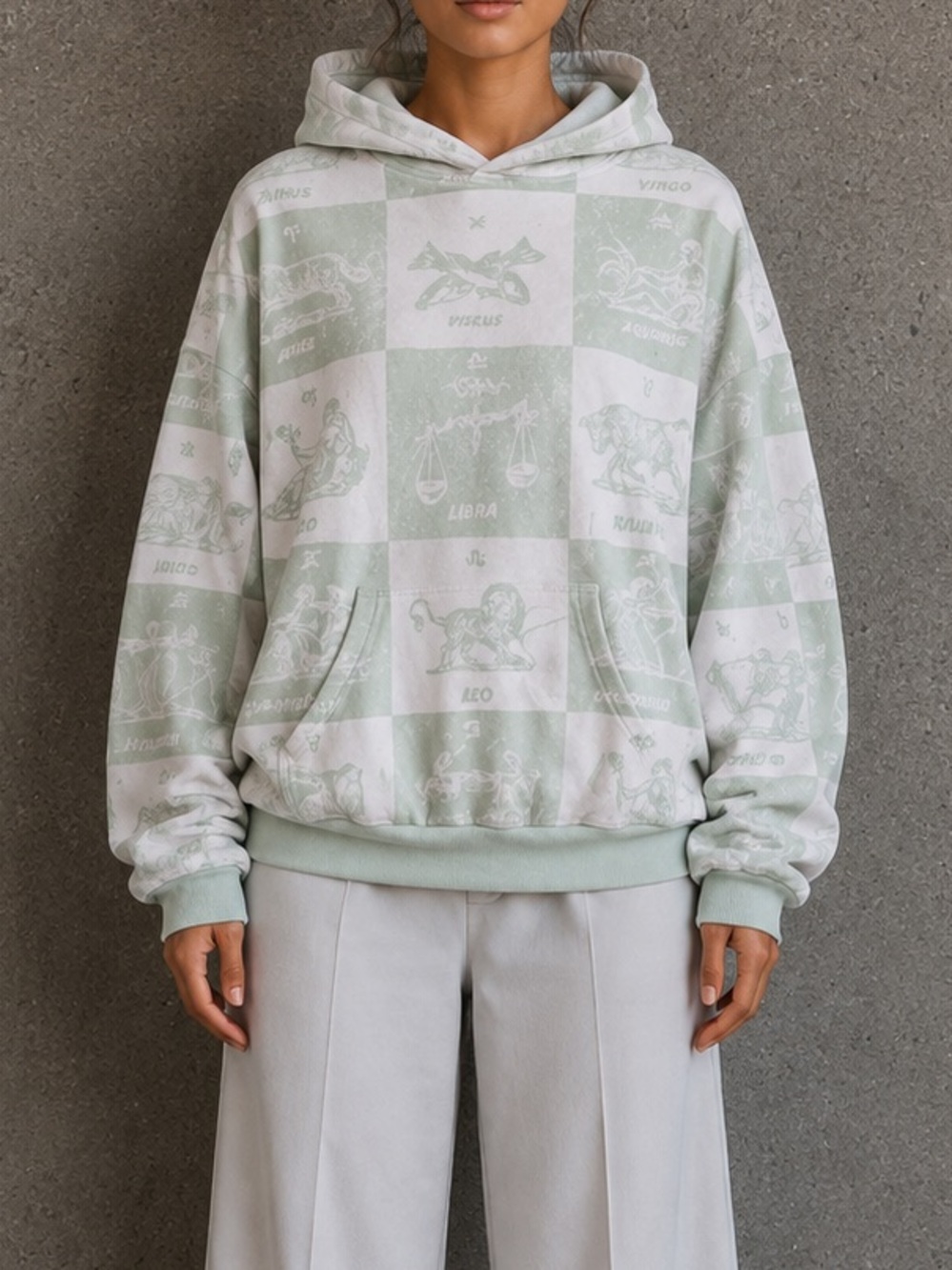 Urban Outfitters Zodiac Hoodie mint Green Checkered Graphic Sweatshirt Size L